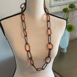 Rust bead and Silver mesh chain Necklace